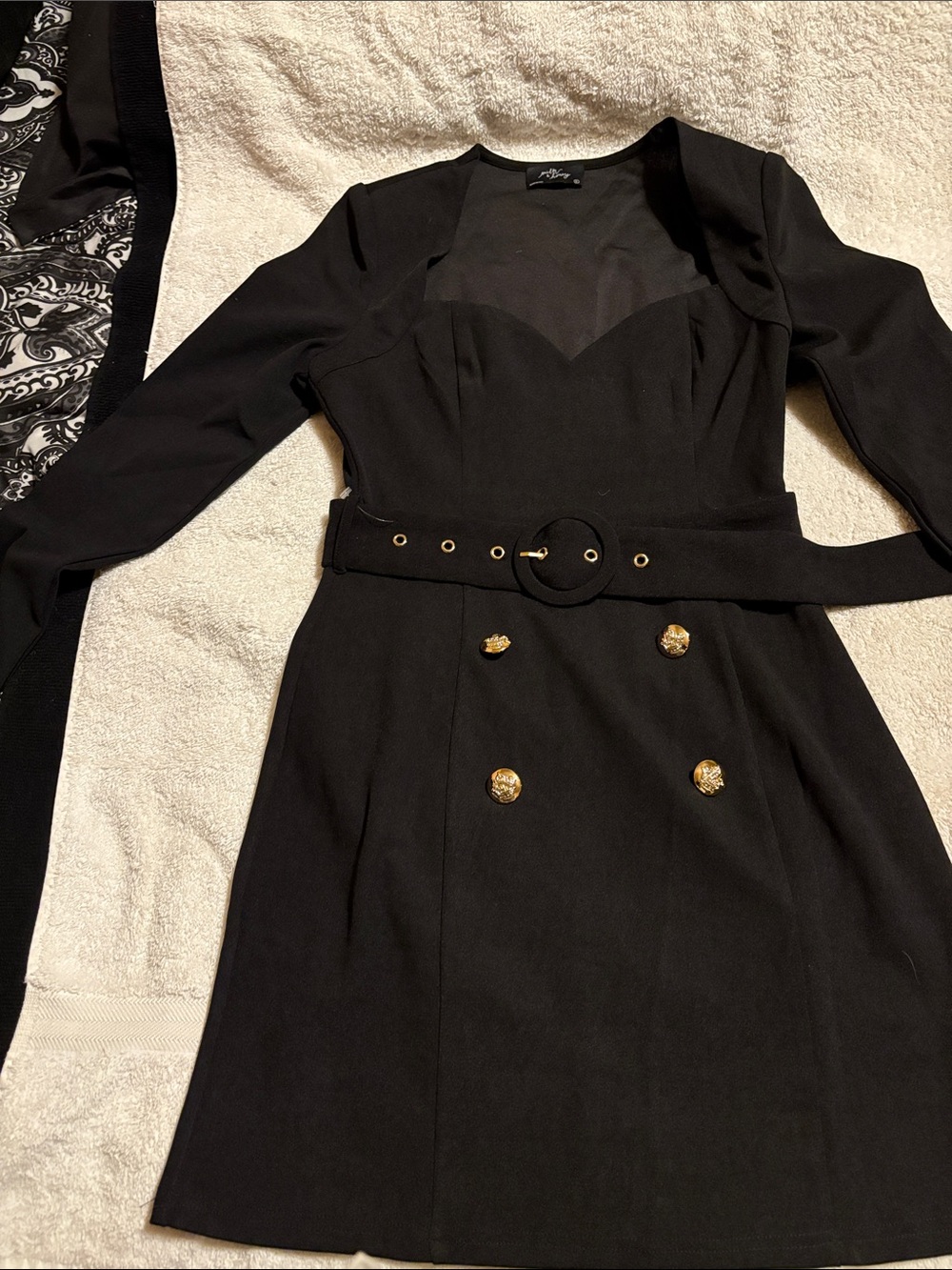 Milk & Honey sophisticated Long-Sleeve Black Mini Dress w Belt and Gold Buttons